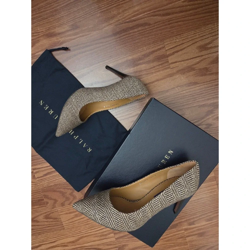 Ralph Lauren Purple Label Armissa Herringbone Tweed Pumps Brown EU 39.5 Italy‎